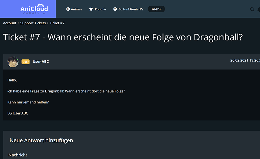 Support erhalten z.B. neue Folge eintragen